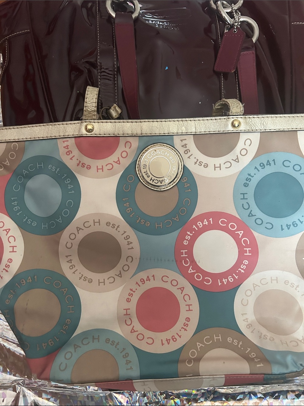 Coach Patent Leather Tote Bag in Burgundy and Tan